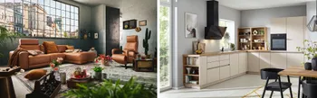 Großzügiges Wohnzimmer mit cognacfarbenem Ledersofa und passendem Sessel im Industrial-Look, dekoriert mit bunten Kissen, Blumen und orientalischen Accessoires vor einer großen Fensterfront mit Stadtblick.